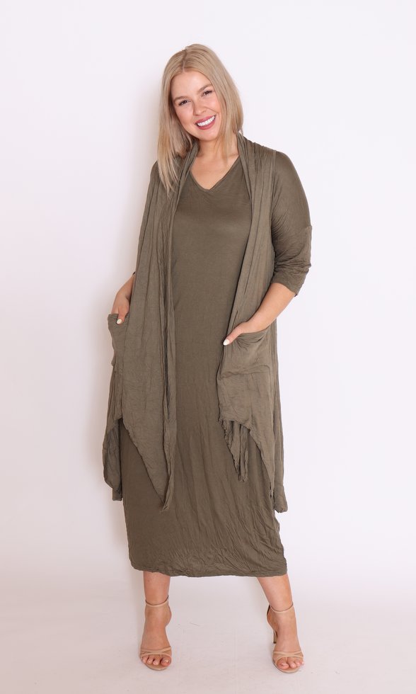 7768 cardigan & 7699 dress khaki